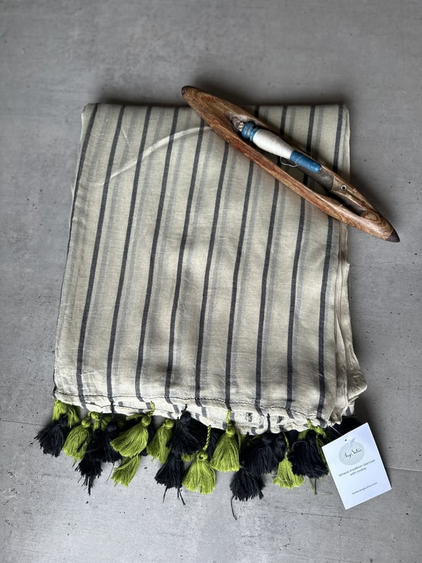 Pista Green Mulmul Cotton Saree with Contrast Black Lines