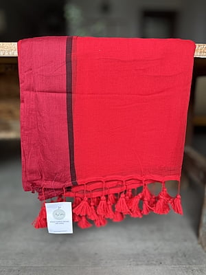 Red Mulmul Saree with Black & Maroon Border Red Mulmul Saree with Black & Maroon Border