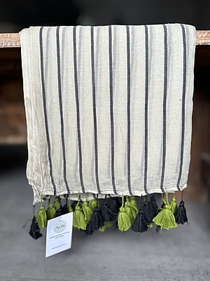 Pista Green Mulmul Cotton Saree with Contrast Black Lines