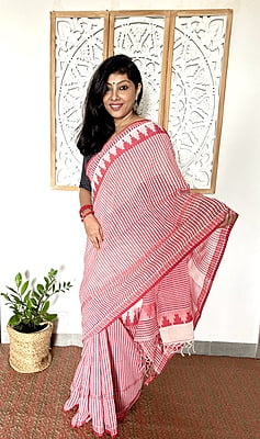 PURE HANDLOOM COTTON GINGHAM WEAVED SAREE - RED