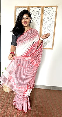 PURE HANDLOOM COTTON GINGHAM WEAVED SAREE - RED