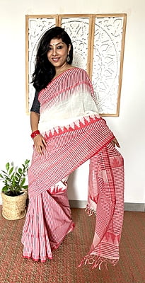 PURE HANDLOOM COTTON GINGHAM WEAVED SAREE - RED