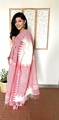 PURE HANDLOOM COTTON GINGHAM WEAVED SAREE - RED