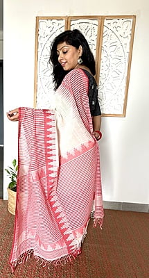 PURE HANDLOOM COTTON GINGHAM WEAVED SAREE - RED