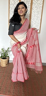 PURE HANDLOOM COTTON GINGHAM WEAVED SAREE - RED