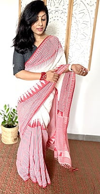 PURE HANDLOOM COTTON GINGHAM WEAVED SAREE - RED