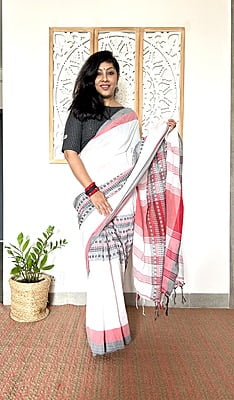 KHADI COTTON BEGUMPURI SAREE - RED & BLACK