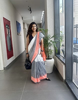 White & Grey Khadi Cotton Saree with Orange Border White & Grey Khadi Cotton Saree with Orange Border