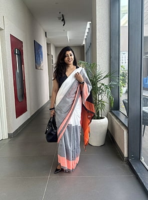 White & Grey Khadi Cotton Saree with Orange Border