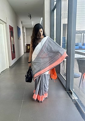 White & Grey Khadi Cotton Saree with Orange Border White & Grey Khadi Cotton Saree with Orange Border