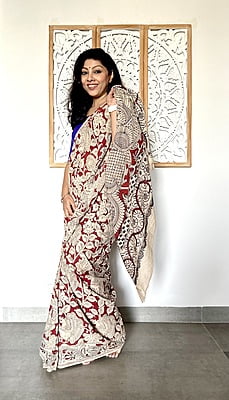 COTTON KALAMKARI SAREE-MARO0ON COTTON KALAMKARI SAREE-MARO0ON