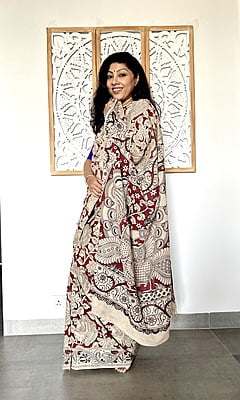 COTTON KALAMKARI SAREE-MARO0ON COTTON KALAMKARI SAREE-MARO0ON