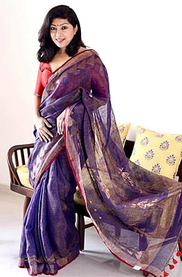 Blue Jamdani Tissue Linen Saree