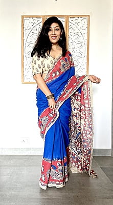 COTTON KALAMKARI SAREE - BLUE AND RED