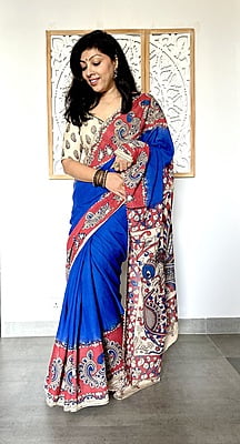 COTTON KALAMKARI SAREE - BLUE AND RED