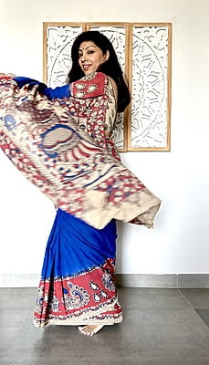 COTTON KALAMKARI SAREE - BLUE AND RED