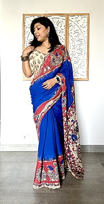 COTTON KALAMKARI SAREE - BLUE AND RED