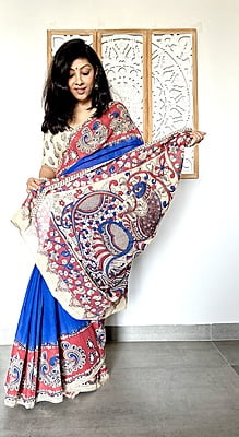 COTTON KALAMKARI SAREE - BLUE AND RED