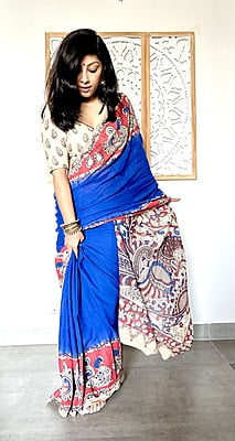 COTTON KALAMKARI SAREE - BLUE AND RED