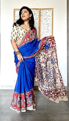 COTTON KALAMKARI SAREE - BLUE AND RED