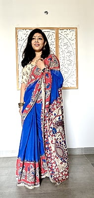 COTTON KALAMKARI SAREE - BLUE AND RED