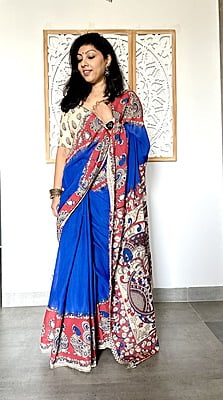 COTTON KALAMKARI SAREE - BLUE AND RED