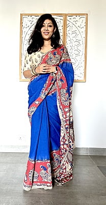 COTTON KALAMKARI SAREE - BLUE AND RED