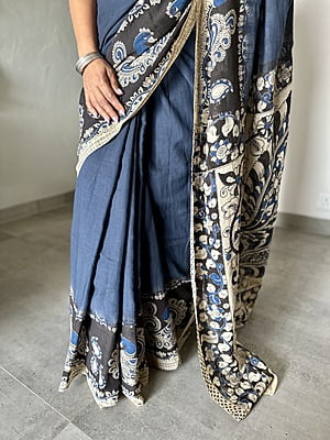 COTTON KALAMKARI SAREE - DARK GREY AND BLACK