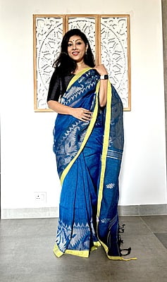 LINEN SAREE WITH JAMDANI BORDER AND PALLU - BLUE LINEN SAREE WITH JAMDANI BORDER AND PALLU - BLUE