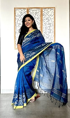 LINEN SAREE WITH JAMDANI BORDER AND PALLU - BLUE LINEN SAREE WITH JAMDANI BORDER AND PALLU - BLUE