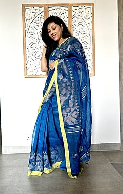 LINEN SAREE WITH JAMDANI BORDER AND PALLU - BLUE LINEN SAREE WITH JAMDANI BORDER AND PALLU - BLUE