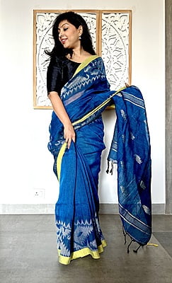 LINEN SAREE WITH JAMDANI BORDER AND PALLU - BLUE LINEN SAREE WITH JAMDANI BORDER AND PALLU - BLUE