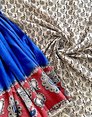 COTTON KALAMKARI SAREE - BLUE AND RED