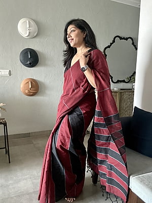 Maroon Khesh Khadi Cotton saree with Contrast Striped Pallu
