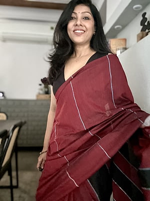 Maroon Khesh Khadi Cotton saree with Contrast Striped Pallu