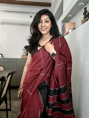 Maroon Khesh Khadi Cotton saree with Contrast Striped Pallu