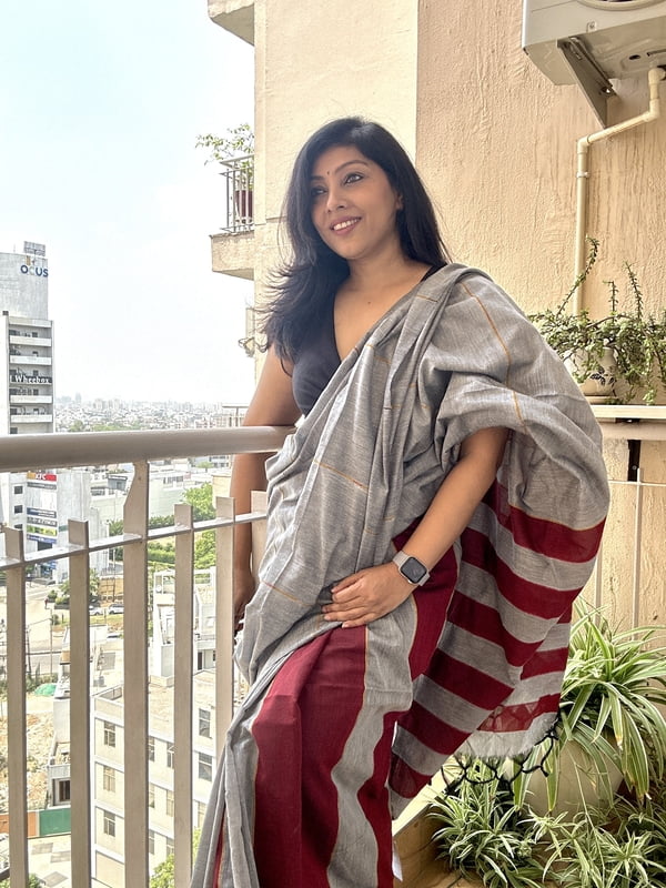 Grey Khadi Khesh Cotton Saree with Contrast Maroon Striped Pallu