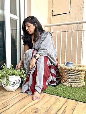 Grey Khadi Khesh Cotton Saree with Contrast Maroon Striped Pallu