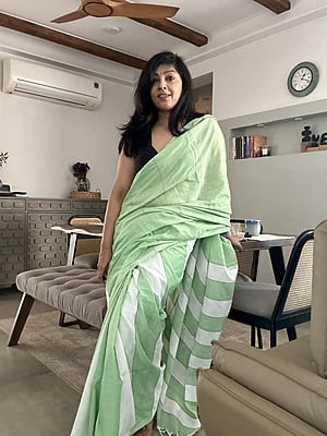Green Khesh Khadi Cotton saree with White Contrast Striped Pallu Green Khesh Khadi Cotton saree with White Contrast Striped Pallu