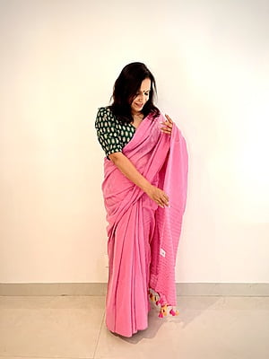 MUL COTTON SAREE WITH SEQUINS ALL OVER-PINK MUL COTTON SAREE WITH SEQUINS ALL OVER-PINK