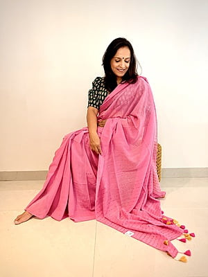 MUL COTTON SAREE WITH SEQUINS ALL OVER-PINK MUL COTTON SAREE WITH SEQUINS ALL OVER-PINK