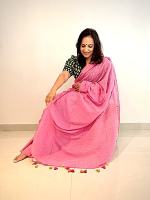 MUL COTTON SAREE WITH SEQUINS ALL OVER-PINK MUL COTTON SAREE WITH SEQUINS ALL OVER-PINK
