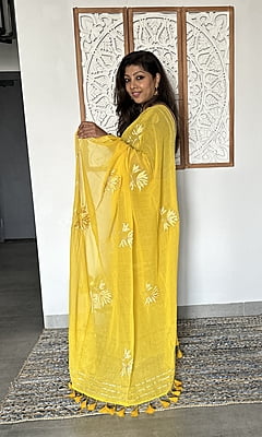 Yellow Mulmul Cotton saree with Gota Patti work