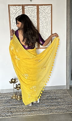 Yellow Mulmul Cotton saree with Gota Patti work
