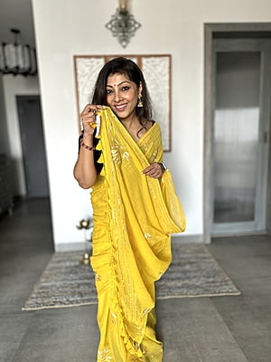 Yellow Mulmul Cotton saree with Gota Patti work
