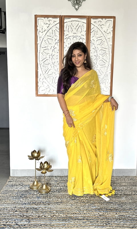 Yellow Mulmul Cotton saree with Gota Patti work