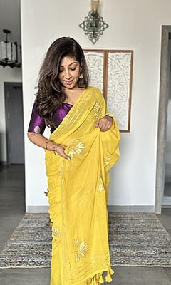 Yellow Mulmul Cotton saree with Gota Patti work