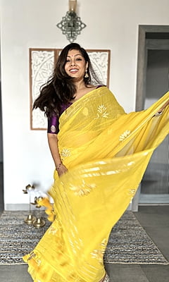 Yellow Mulmul Cotton saree with Gota Patti work