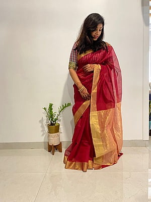 PURE HANDLOOM CHANDERI SILK SAREE - MAROON