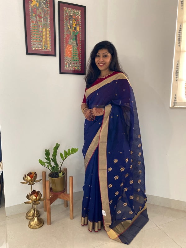 PURE HANDLOOM CHANDERI SILK SAREE - BLUE